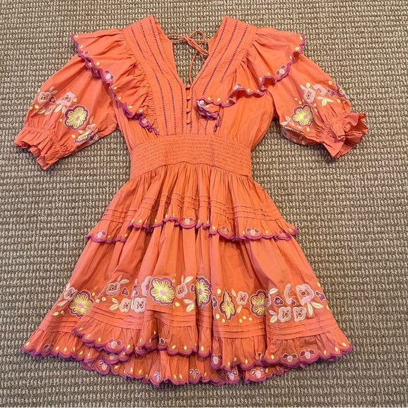 Alivia Perla Coral Smocked Waist Embroidered Floral Dress Medium - Picture 2 of 9